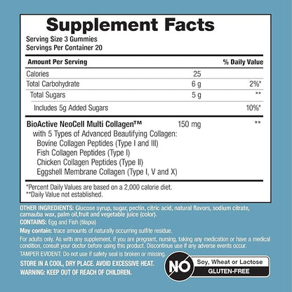 NeoCell Multi Collagen Bio-Peptides Gummies | 60 ct | Tropical Flavor | Type I, II, III, V, X | Advanced BioActive Formula