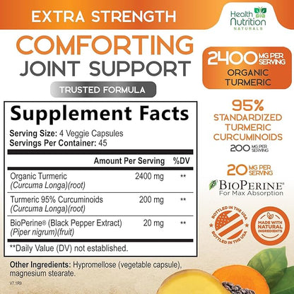Turmeric Curcumin Supplement 2600mg - 95% Curcuminoids with Organic Turmeric & BioPerine Black Pepper for Best Absorption, Nature's Vegan Joint Support, Non-GMO Tumeric, Bottled in USA - 180 Capsules