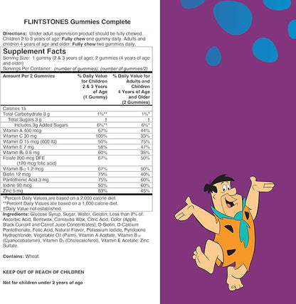 Flintstones Vitamins Complete Gummies, Kids Vitamins for Toddlers and Children, Kids Multivitamin Gummies with Vitamin A, B6, B12, C, E & Zinc, 180 Count