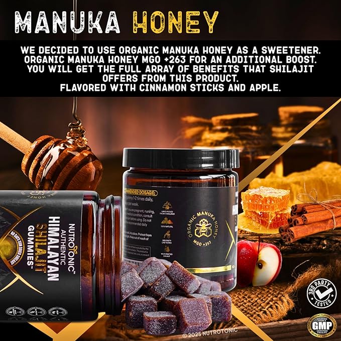 NutroTonic® Organic SHILAJIT Gummies | Apple Cinnamon Flavor | Shilajit for Men & Women | No Added Sugar, Sweetened by Manuka Honey | Clean Formula | Natual Source of Urolithin | 30 Gummies