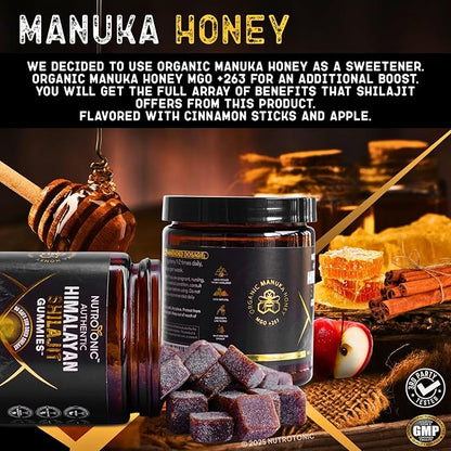 NutroTonic® Organic SHILAJIT Gummies | Apple Cinnamon Flavor | Shilajit for Men & Women | No Added Sugar, Sweetened by Manuka Honey | Clean Formula | Natual Source of Urolithin | 30 Gummies