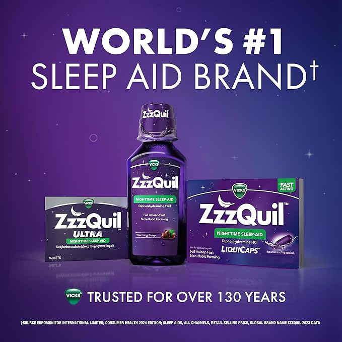 ZzzQuil LiquiCap Sleep Aid, Diphenhydramine 25mg HCl, Sleep Aids for Adults, Nighttime Sleep Aid, 72 LiquiCaps