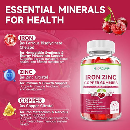 Iron, Zinc, Copper Supplements for Women & Men, Mineral Gummies with Vitamin A, B5, B6, C, D3, B12 for Adults, Kids, Promote Energy, Support Immunity, Bone Health, Sugar Free, Cherry Flavor, 120 Count