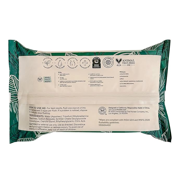 The Honest Company Hypoallergenic Flushable Wipes for Sensitive Skin, Tropical Leaves,42 Count (Pack of 16)