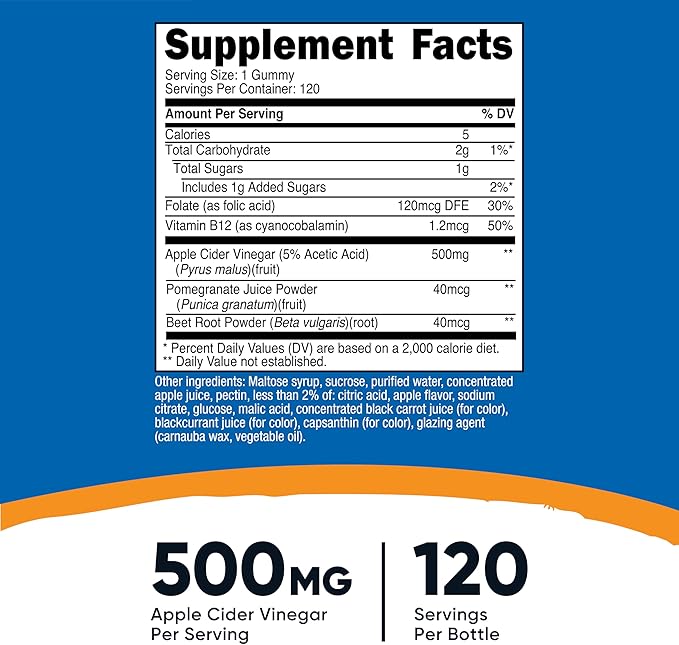 Nutricost Apple Cider Vinegar 500mg, 120 Gummies, Apple Flavored - Gluten Free, Non-GMO, No Corn Syrup
