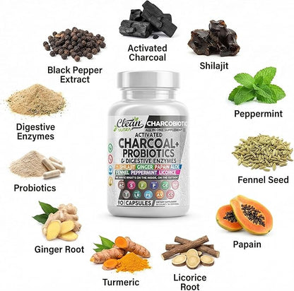 Activated Charcoal Pills for Gas Relief and Debloat, CharcoBiotic with Probiotics Digestive Enzymes Shilajit Peppermint Fennel Ginger Turmeric Licorice Root Aloe Vera Ceylon Cinnamon, Clean Nutra 90ct