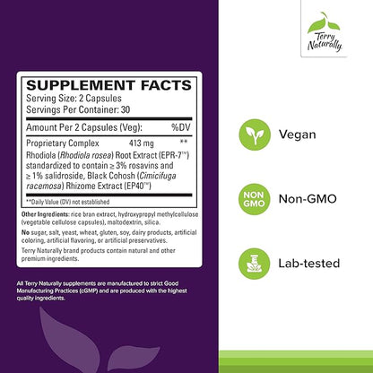 Terry Naturally Menopause Relief Plus - Menopause Symptom Supplement - Supplement to Aid Against Occasional Tiredness & Night Sweats - Supplement with Rhodiola & Black Cohosh - 60 Capsules