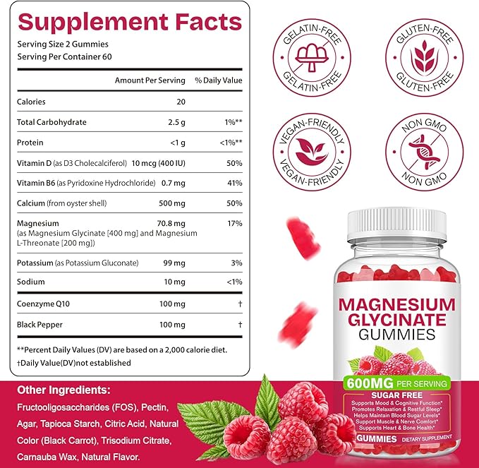 Magnesium Glycinate Gummies 120 Count - Sugar Free Magnesium Supplement - Supports for Sleep, Memory, Mood, Muscle, Relaxation, Heart & Bone Health
