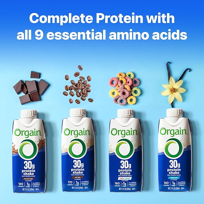Orgain 30g High Protein Shake,Café Latte,5g BCAAs,1g Sugar Per Serving,Caffeine from 1 Cup of Coffee,Milk Isolate,Meal Replacement,Ready to Drink,Keto Friendly,Gluten-Free 11 Fl Oz,(Pack of 24)