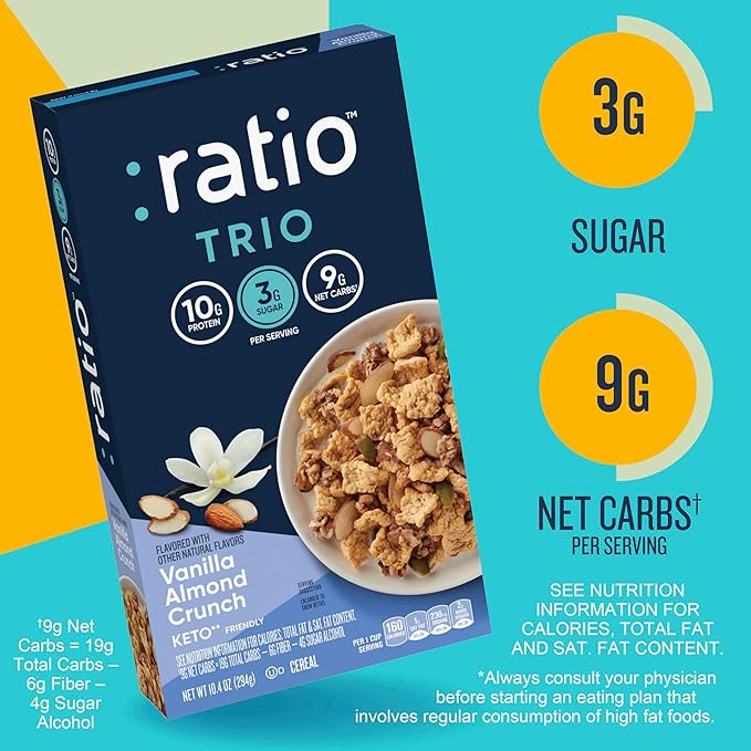 Ratio Trio Vanilla Almond Crunch Cereal, 10g Protein, Keto Friendly, 10.4 oz