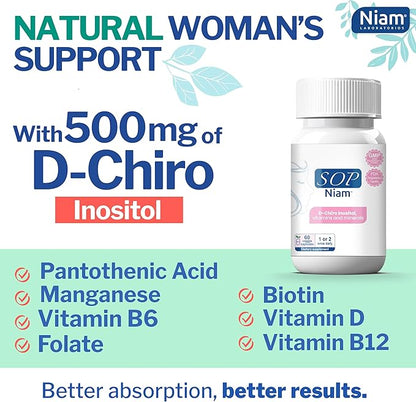 60 Day Supply | D-Chiro Inositol Supplement for PCOS - 500mg | Folic Acid, Vitamin B6, B12, D3 & Biotin | Polycystic Ovary Syndrome | Hormonal Balance & Fertility Support