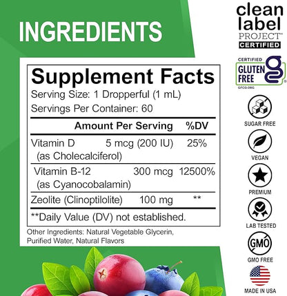 Zeolite Detox for Kids Liquid Drops - Advanced Clinoptilolite with Pure Vitamins B12 & D - Kids Gentle Body Daily Cleanse Focus & Speech Extra Clinoptilolite Zeolite Drops Detox Cleanse Supplement 2oz