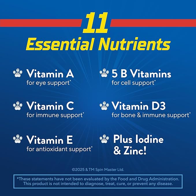 L’il Critters Paw Patrol Gummy Vites Daily Gummy Multivitamin for Kids, Vitamin C, D3 for Immune Support Cherry, Orange and Blueberry Flavors, 60 Gummies