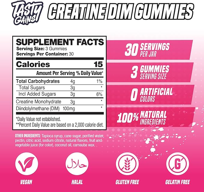 Creatine Gummies for women | 3g Creatine Monohydrate Per Serving | DIM Supplement 100 mg | Estrogen Balance for Women | Hormonal Acne, Hormone Balance, Glute Builder (90 Count, White Peach)