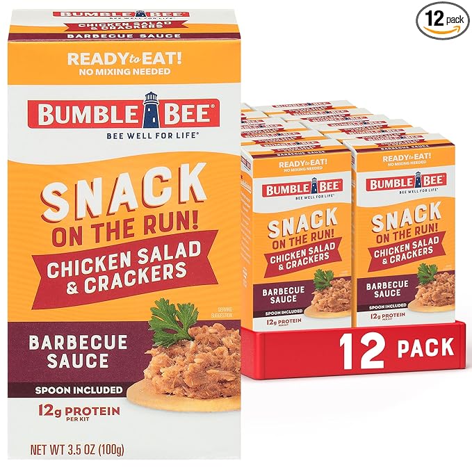 Bumble Bee Snack On The Run! Protein Snack Pack - BBQ Chicken Salad with Crackers - 12g Protein per Box - Ready to Eat Easy-Open Canned Chicken Salad (Pack of 12)