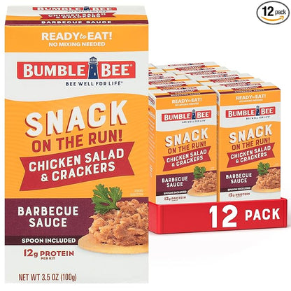 Bumble Bee Snack On The Run! Protein Snack Pack - BBQ Chicken Salad with Crackers - 12g Protein per Box - Ready to Eat Easy-Open Canned Chicken Salad (Pack of 12)