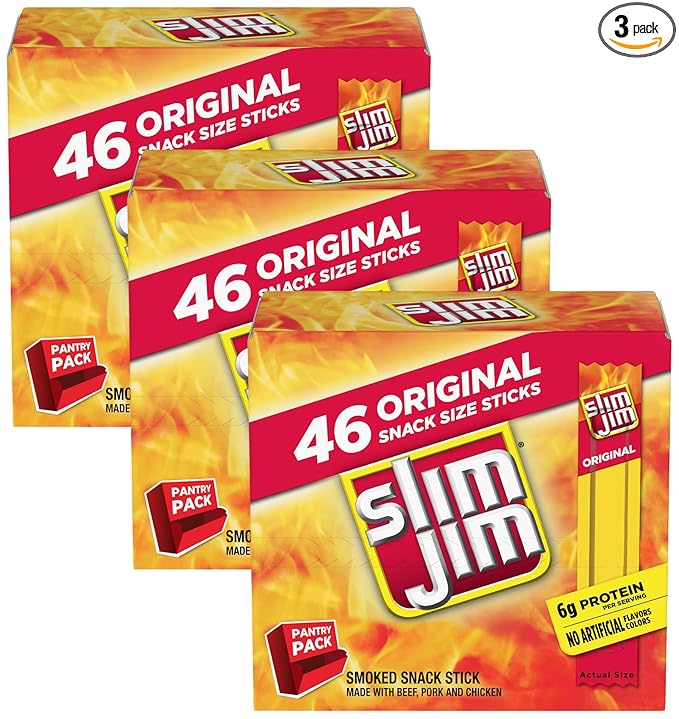 Slim Jim Smoked Meat Sticks, Original Flavor, 6g Protein Per Serving, Snack Size, 0.28 oz. 46 Count (Pack of 3)