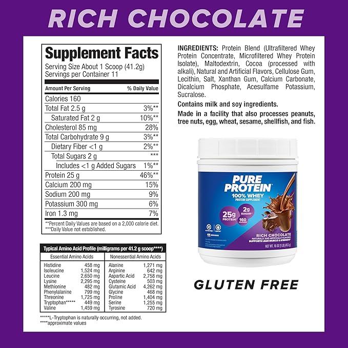 Pure Protein Powder, Whey, High Protein, Low Sugar, Gluten Free, Rich Chocolate, 1 lb