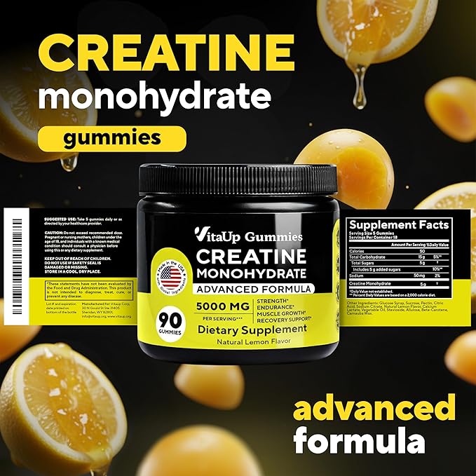 VitaUp Creatine Monohydrate Gummies for Men & Women - USA Made Monohydrate Creatine for Men 5000mg Per Serving - Supports Energy Levels, Training Endurance & Muscle Performance - 90 Gummies