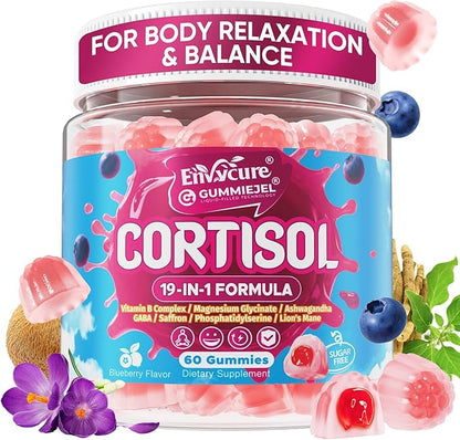 Cortisol Gummies for Women & Men, 19-IN-1 High Cortisol Reducer Supplement w/B Vitamins, Magnesium Glycinate, Ashwagandha, Saffron, Lion's Mane, Reshi for Relaxation, Focus & Balance Support, 60 Cout