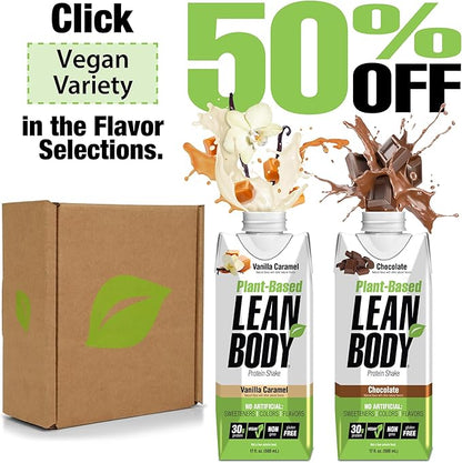 Lean Body Ready-to-Drink, Plant-Based Vegan Chocolate Protein Shake, 30g Protein, No Artificial Flavors, Sweeteners or Colors, Non GMO, Gluten Free, Premium Pea & Rice Blend (Pack of 12)