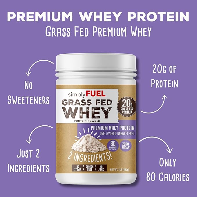 simplyFUEL 100% Grass-Fed Whey Protein Powder, Unflavored, Unsweetened, Zero Sugar or Carbs, Clean, Gluten-Free Protein, 20 g Protein per Serving, 1 lb
