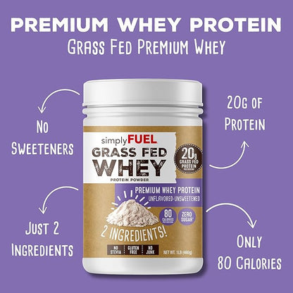 simplyFUEL 100% Grass-Fed Whey Protein Powder, Unflavored, Unsweetened, Zero Sugar or Carbs, Clean, Gluten-Free Protein, 20 g Protein per Serving, 1 lb