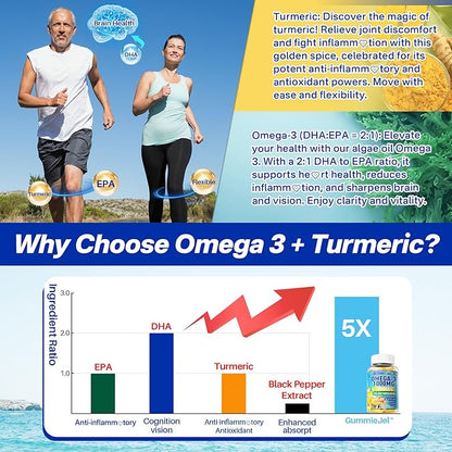 Vegan Omega-3 Gummies 1000mg + Turmeric - Omega 3 Fish Oil Alternative for Adults - Algae DHA 600mg & EPA 300mg, Vitamins A, C, E, Zinc & MSM, Sugar Free, 60 Cts