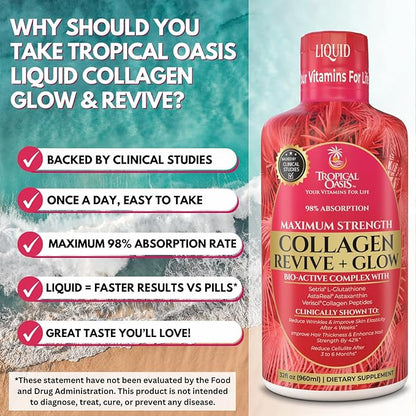 Tropical Oasis Liquid Collagen Glow for Women & Men | 5000mg VERISOL Collagen Peptides + 12500mcg Biotin | Clinically Tested for Thicker Hair, Brighter Skin, Wrinkles & Stronger Nails | 32 Serv