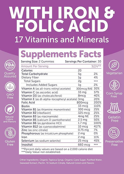 Lunakai USA Made 17-in-1 Prenatal Vitamins for Women with Iron & Folic Acid – Delicious Daily Prenatal Gummies for Maternal Wellness Support, 60ct