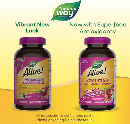 Nature’s Way Alive! Women’s 50 Plus Multivitamin Gummy, Daily Chewable Multivitamins with B-Vitamins, Vitamin D3, Calcium, Supports Heart, Brain & Bone Health,* Mixed Berry Flavored, 150 Count