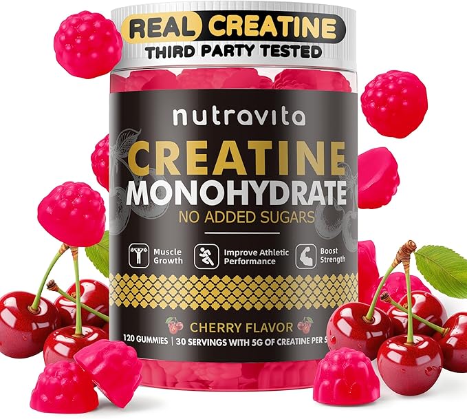 Nutravita NSF Certified Creatine Gummy - Creatine Monohydrate Gummies for Men & Women-5g of Creatine Monohydrate per Serving - Sugar Free,Vegan, Cherry Flavor, 120 Count