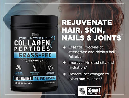 Zeal Naturals Hydrolyzed Collagen Peptides Powder, 10g Protein | Grass-Fed Collagen for Women & Men | Essential Amino Acids | Hair, Skin, Nails, Bone Health | 60 Servings, Unflavored, 23.53 oz.