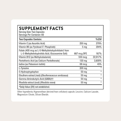 THORNE - Emotion Balance Support - Supports Mood & Stress Management* - Vitamins B6, B12 & C, 5-HTP, GABA, Rhodiola, Folate (5-MTHF) & L-Tyrosine - Third-Party Certified - Gluten-Free - 120 Capsules