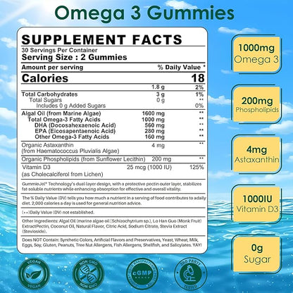 Vegan Omega 3 Gummies + Phospholipids, Astaxanthin, Vitamin D3, DHA 560mg & EPA 280mg, Fish-Free Algae Omega 3 Supplement for Adults & Kids for Brain, Eye, Skin and Overall Health, Sugar Free, 60 Cts
