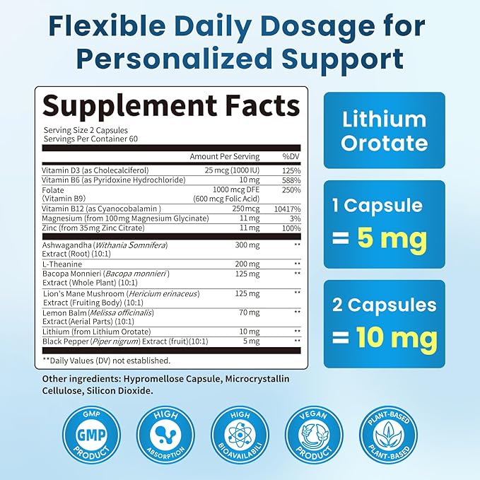 Lithium Orotate 5/10mg, L-Theanine 200mg, Ashwagandha 300mg - Mood Focus Memory Brain Supplements with Bacopa Monnieri, Lion’s Mane, Magnesium, Zinc D3 B6 Folate B12 - 120 Vegan Capsules, 2 Months