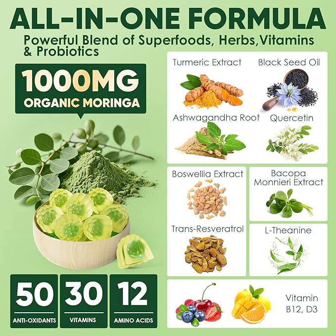 Moringa Gummies 1000mg for Women & Men Sugar-Free, 13-in-1 Superfood with Turmeric, Ashwagandha, Trans-Resveratrol, VB12 D3, Pure Moringa Leaf Supplement for Energy, Immune, Skin,Antioxidant, 60 Chews