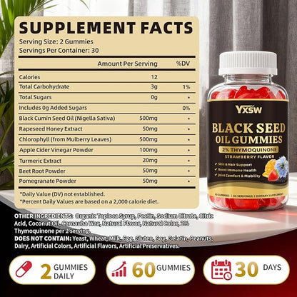 Black Seed Oil Gummies 500mg with Honey and 2% Thymoquinone, Nigella Sativa Seeds for Boost Immune Health, Joints, Digestion, Hair & Skin, Strawberry Flavor, 60 Count