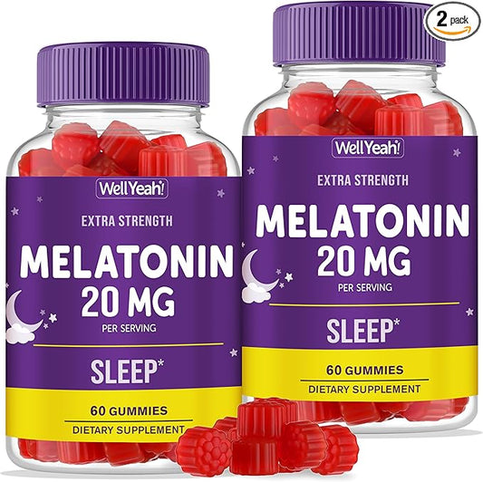 WellYeah Melatonin Gummies 20mg (2 Pack) | Sleep Support | Maximum Strength Melatonin 20mg Gummies for Adults | Fast Dissolved | Great Berry Flavor | 60 Count | Vegan, Non GMO