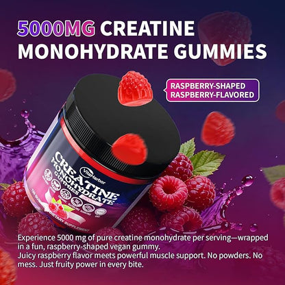 Creatine Monohydrate Gummies 5000mg for Men & Women, Organic Pure Creatine Gummies | Sugar Free,Vegan, Non-GMO,Raspberry Flavor, 120 Count