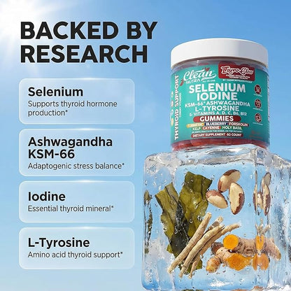 ThyroGlow Thyroid Support Gummies Selenium Iodine KSM 66 Ashwagandha L Tyrosine Vitamin D, C, B12, B6 Turmeric Blueberry Holy Basil Folate Bladderwrack By Clean Nutra