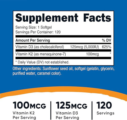 Nutricost Vitamin D3 + K2 (5000 IU D3 / 100mcg MK7), 120 Softgels – Gluten-Free & Non-GMO