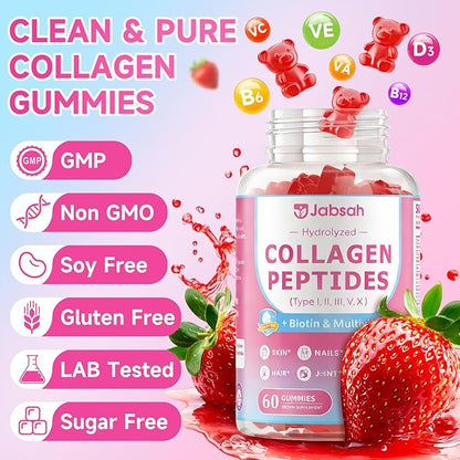 Collagen Gummies for Women & Men, Hydrolyzed Collagen Peptides(Type I, II, III, V, X) with Biotin, Hyaluronic Acid, MultiVitamins, Supports Healthy Skin, Thick Hair &Strong Nails, Sugar Free, 120Cts
