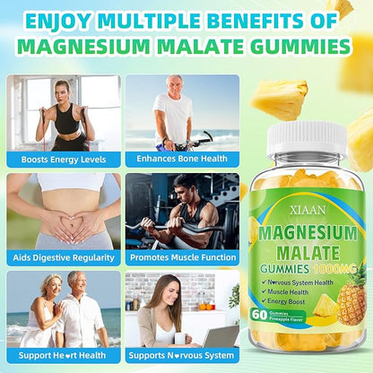 Magnesium Malate Gummies 1000mg, Chewable Magnesium Malate Supplements with CoQ10, L-Theanine & Vitamin B6 for Energy Boost & Muscle Health, Sugar-Free/Vegan, Pineapple Flavor 120 Count
