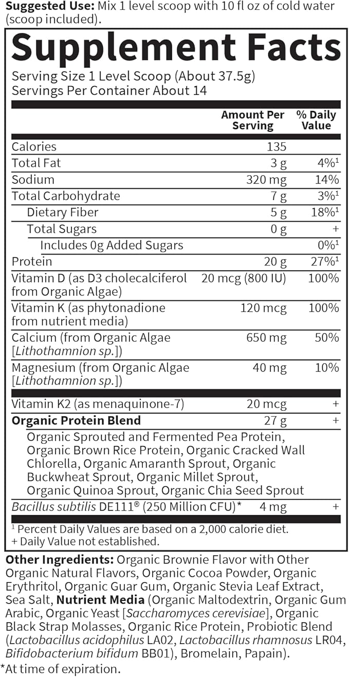 Garden of Life Organic Vegan Protein Powder, 20g Plant Based Protein with Calcium, D3, K2 MK-7 & Magnesium for Bone Strength, Prebiotics & Probiotics for Digestion, Brownie Bites Flavor, 14 Servings
