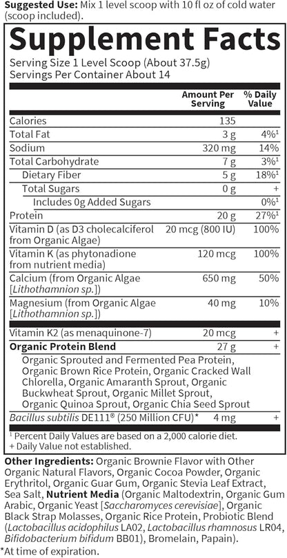 Garden of Life Organic Vegan Protein Powder, 20g Plant Based Protein with Calcium, D3, K2 MK-7 & Magnesium for Bone Strength, Prebiotics & Probiotics for Digestion, Brownie Bites Flavor, 14 Servings