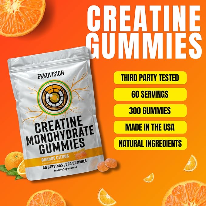 Ekkovision Creatine Monohydrate Gummies for Men and Women, Orange Citrus Flavor, Sugar Free Creatine Gummies for Pre Workout, Muscle Strength and Recovery, Vegan & Travel Friendly, 300 Ct, 60 Servings