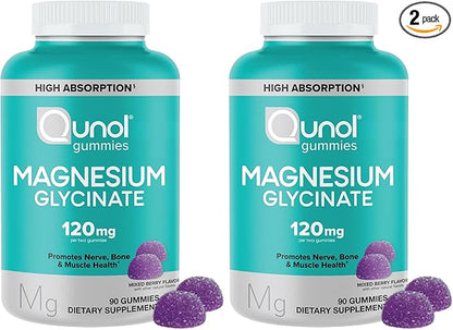 Qunol Magnesium Glycinate Gummies,120mg of Magnesium Glycinate,High Absorption,Mixed Berry,90 Count (Pack of 2)