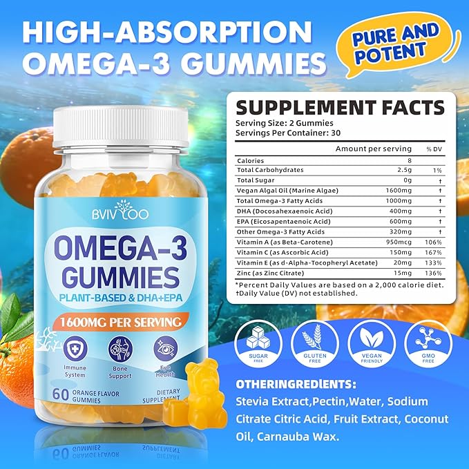 Vegan Omega-3 Gummies - 1600mg with 600mg EPA & 400mg DHA. High Absorption Formula. Delicious Orange Flavor - 60 Gummies