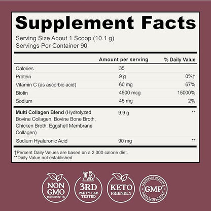 Multi Collagen Powder with Biotin, Hyaluronic Acid, Vitamin C (2lb Value Size) | Hydrolyzed Collagen Supplement (Types I, II, III, V, X). Hair, Skin, Nails for Women, Men